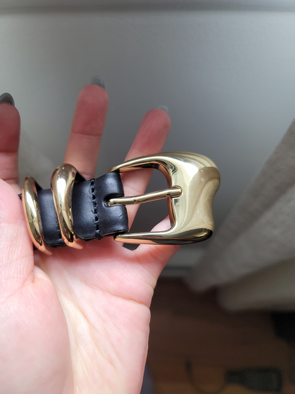 Madewell Sculpted Wavy-Buckle Belt Black Leather Gold Size S Pre-owned - Picture 8 of 10